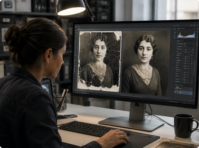 Photo restoration specialist reviewing archival images